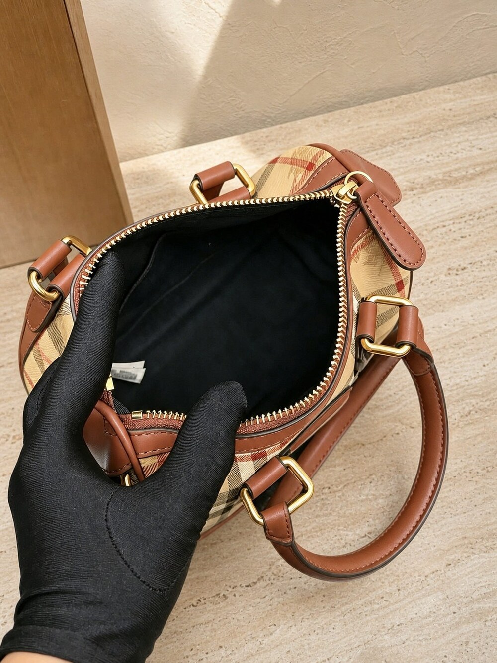 Burberry Mini Check Coated Canvas Bowling Handbag - Picture 4 of 6
